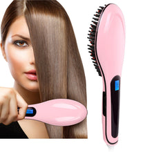 Electric Hair Straightener Brush LCD Ion Anti-Scald Comb Auto Massager Pink